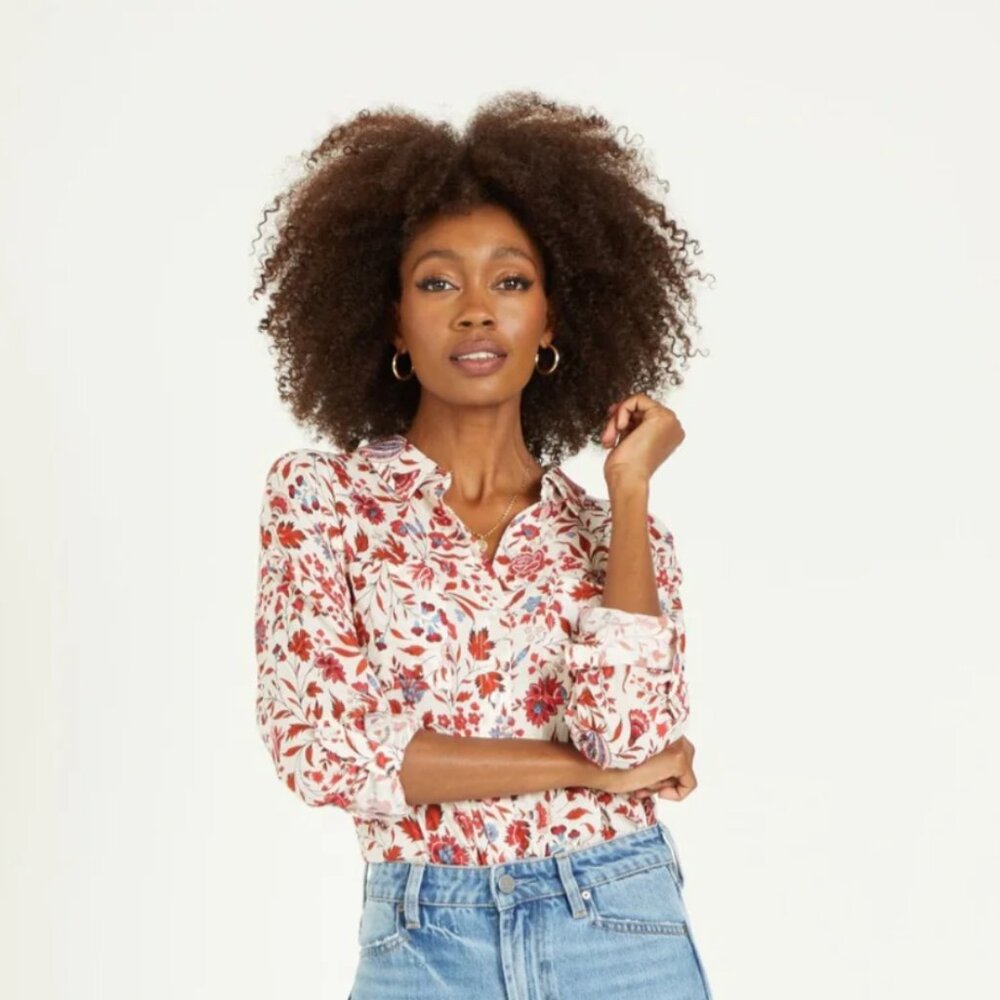 Dear John Red & White Malia V-Neck Floral Lightweight Blouse - Size - Medium